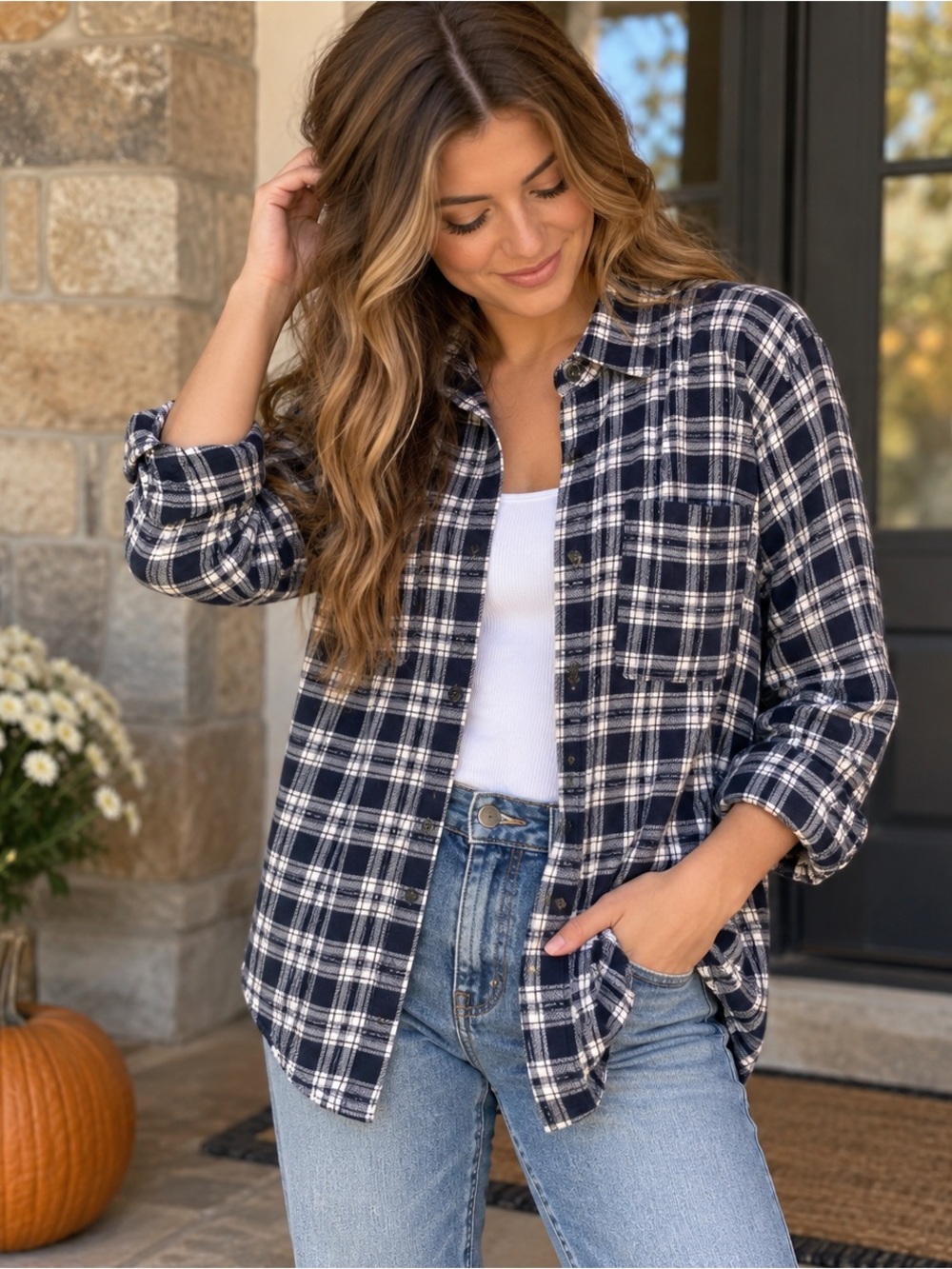 Hollister Boyfriend Fit Plaid Flannel Shirt XS Navy White Soft Button Down